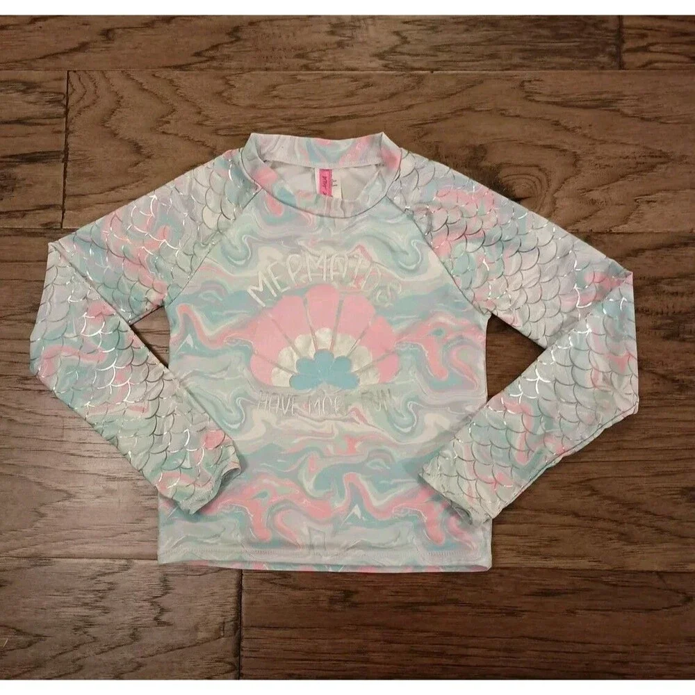 BETSEY JOHNSON Girls Size 12 Rash Guard Swim Suit Top Mermaids Have More Fun